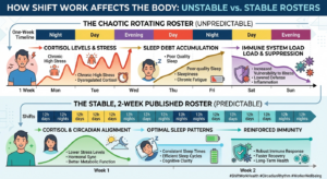 infographic showing two weeks of disruption vs two weeks of known schedule and its impact on health