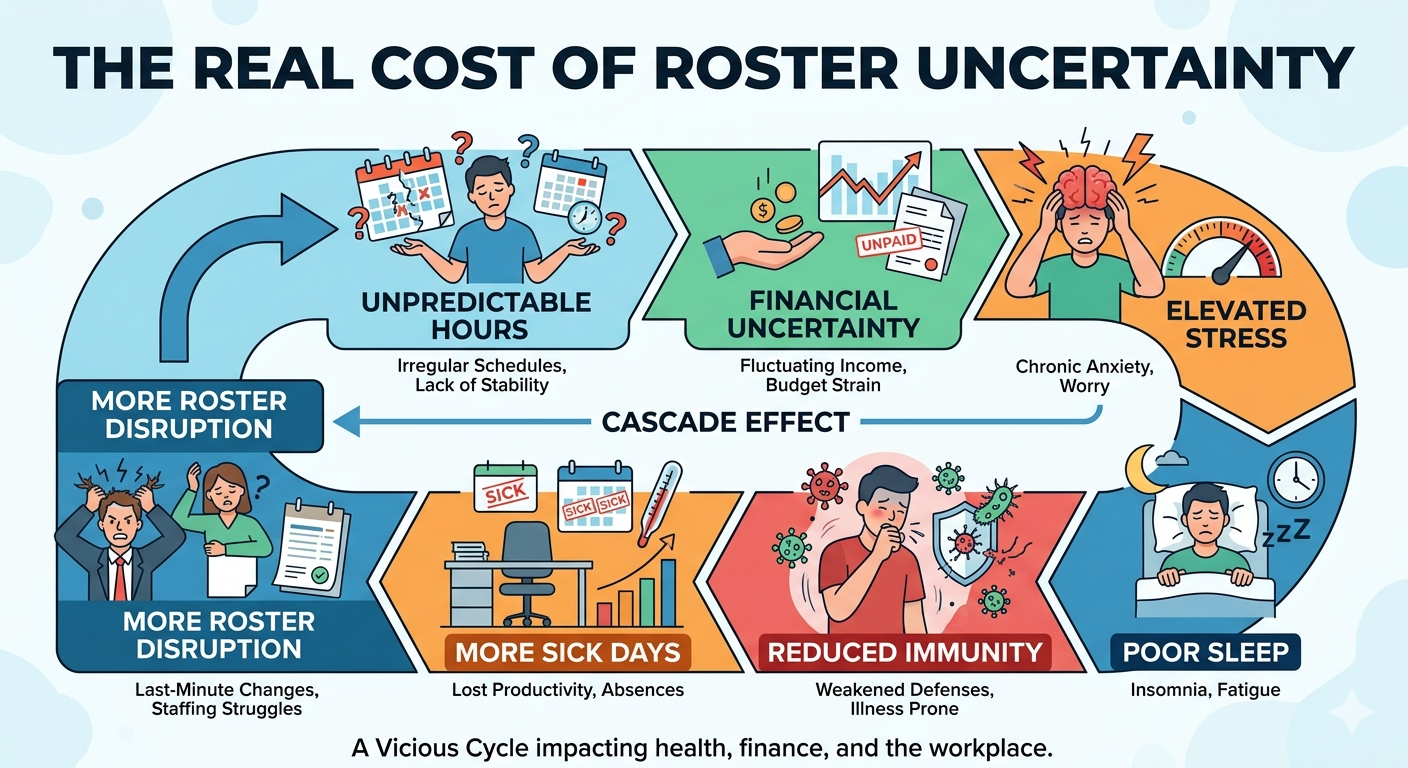 Infographic - cycle showing predictable hours then financial uncertainty and chronic stress reduces immunity then more sick days then more rostering issues.